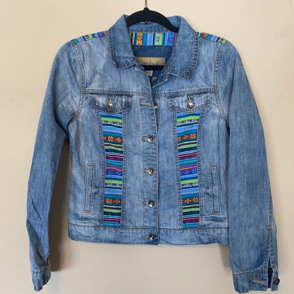 Angel kiss denim jacket with ethnic flare. Size M